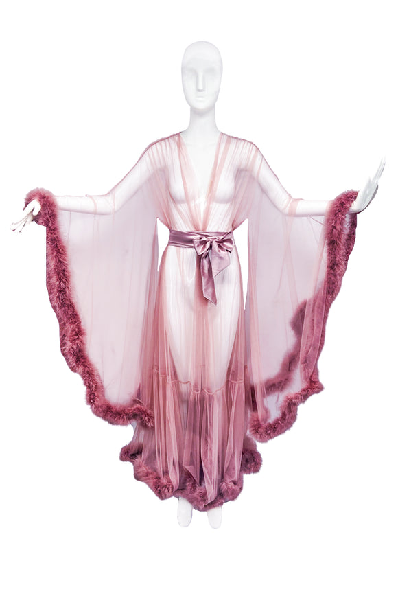 Vintage Catherine D'Lish Style Dusty Rose Boudoir Robe with Feather Trim