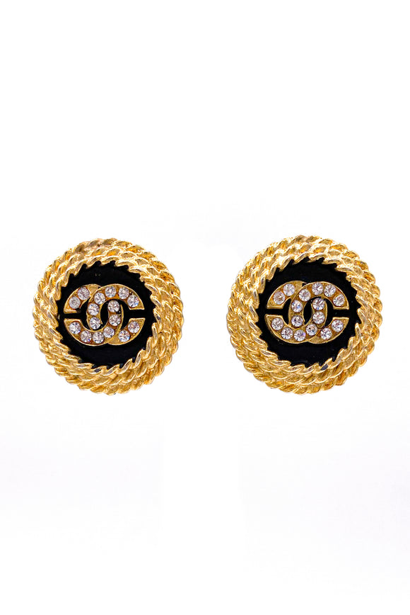 Chanel Button Black & Gold Basketweave & Rhinestone Logo Earrings