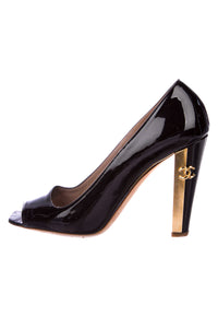 Chanel Black Patent Leather Peep-Toe Pump with Gold CC Logo Heel