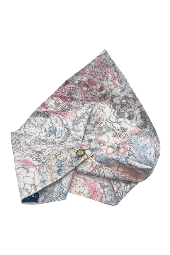 Chanel Floral Camellia Sketch Drawing Headscarf with Chanel Button