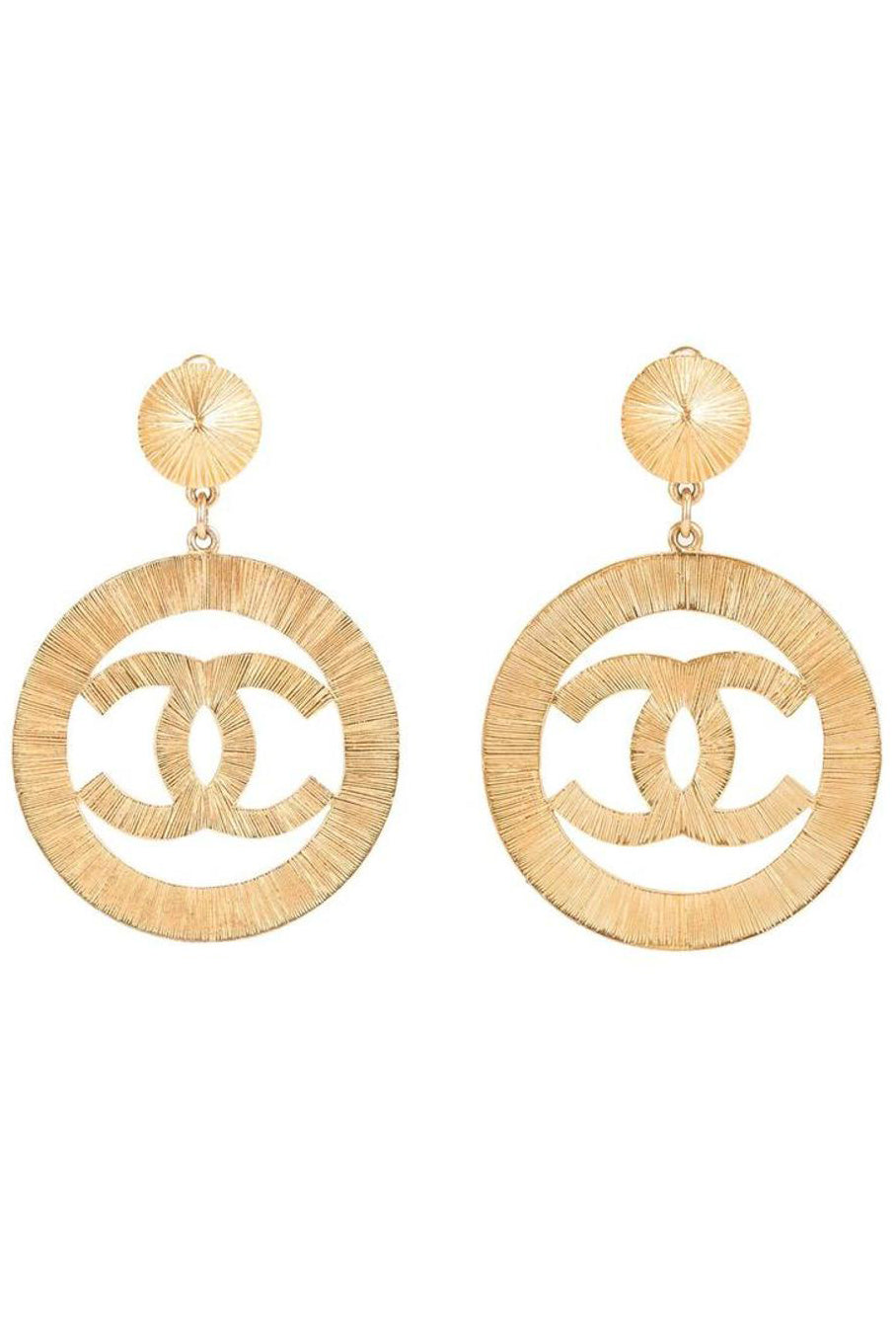 Chanel Gold Tone CC Logo Dangle Hoop Earrings, Chanel