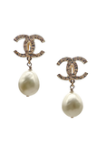 Chanel Gold Big 'CC' Logo Pearl Drop Earrings