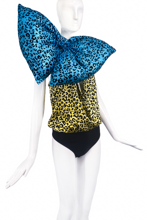 Cheng-Huai Chuang Turquoise Sequin and Black Leopard Print Oversize Neck Bow