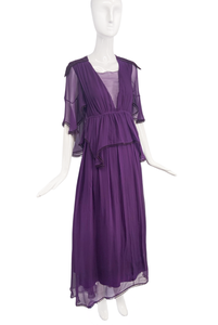 Chloé Purple Chiffon Caftan Stevie Nicks Style Gown Dress with Suede Epaulets