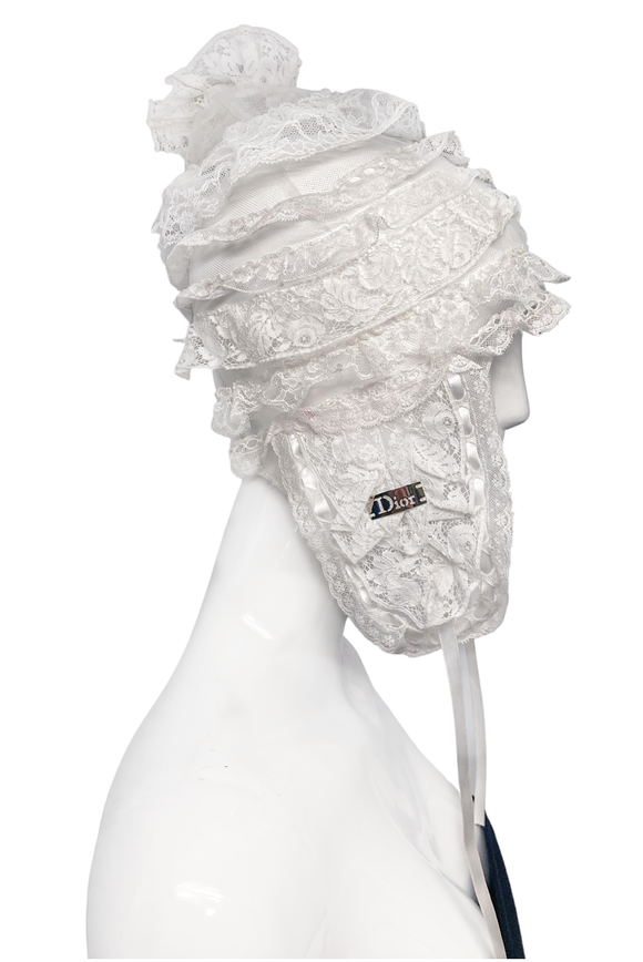 Christian Dior by John Galliano White Lace Ruffle Bonnet Hat Runway