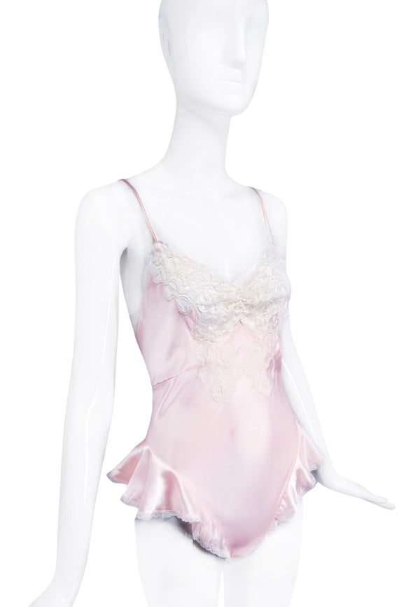 Christian Dior Pale Pink Peach Cream Lace Peplum Ruffle Teddy Body Suit