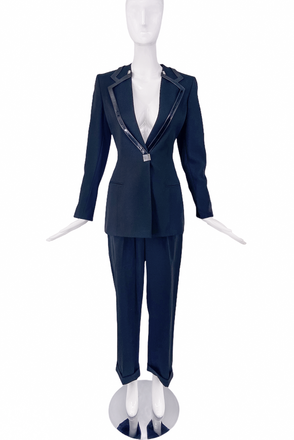 Claude Montana Black Razor Sharp Suit with Patent Leather Trim and Hardware Details