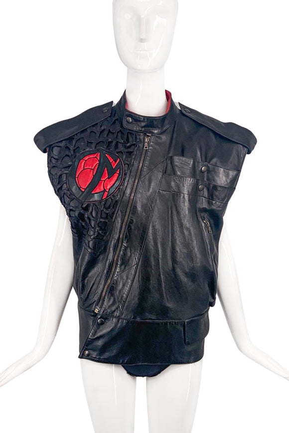 Claude Montana Black Leather Red Logo Biker Vest 1984