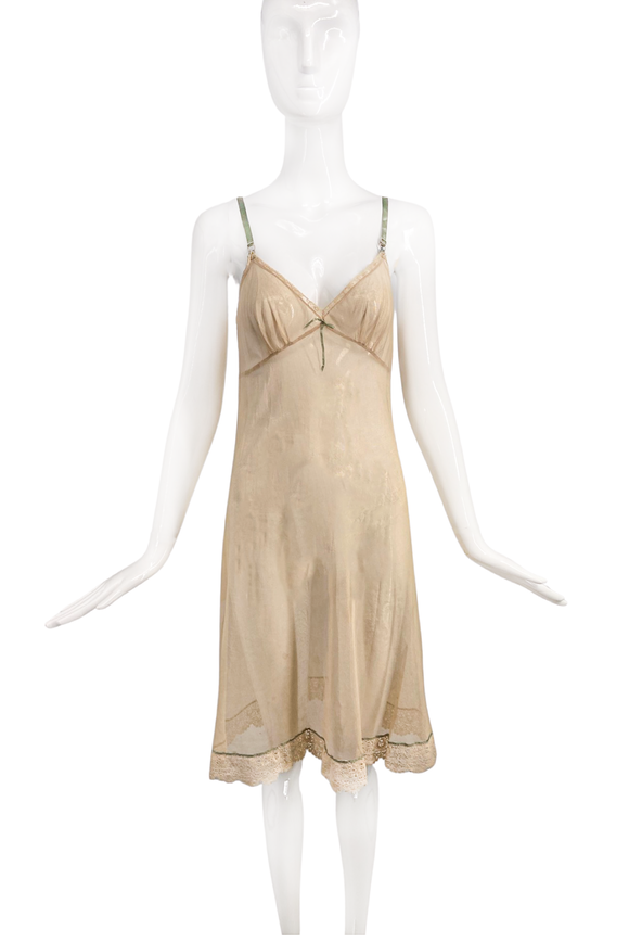 Colette Dinnigan Nude Fishnet Tulle Slip Dress with Green Satin Straps Crochet Lace Trim 1990's