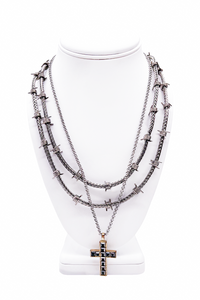 Cruize "Julius" Silver Spike Thorn Double Layer Necklace and Vintage Cross Necklace
