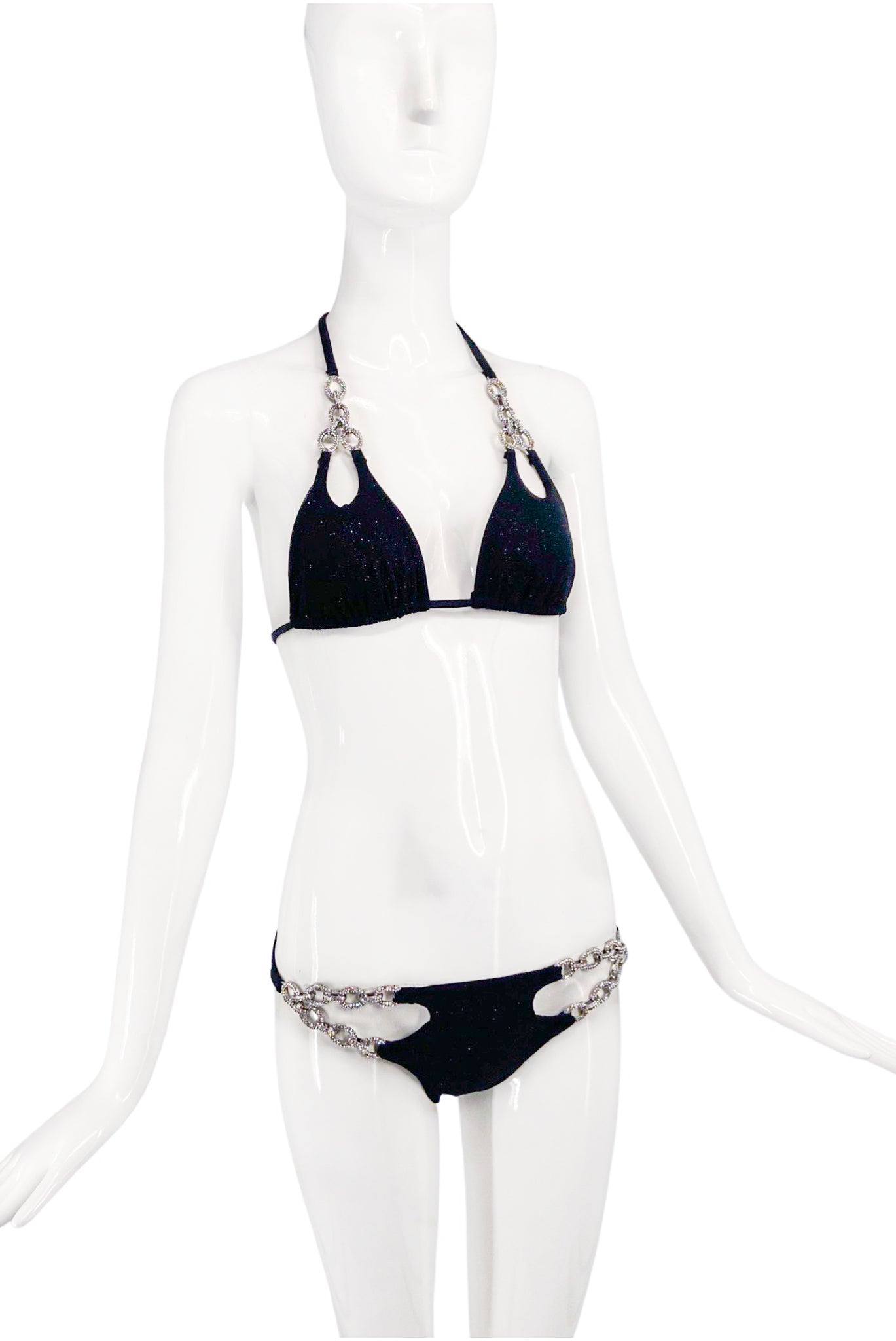 Vintage Black Glitter Pavé Crystal Link Chain Cut Out Bra Swim Bikini –  PauméLosAngeles