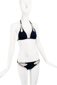 Vintage Black Glitter Pavé Crystal Link Chain Cut Out Bra Swim Bikini