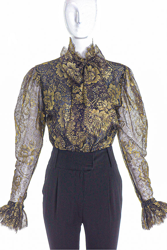 Jean-Louis Scherrer Gold Lace Bow Blouse