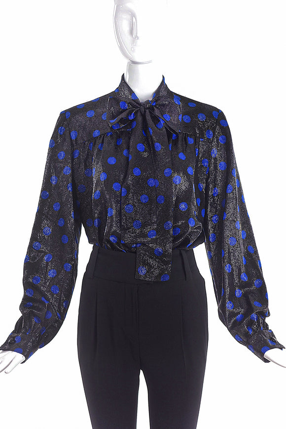 Givenchy Nouvelle Black Metallic Bow Blouse with Blue Dots