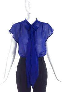 Marc Jacobs Cobalt Sheer Button-Up Blouse with Bow Neck Tie