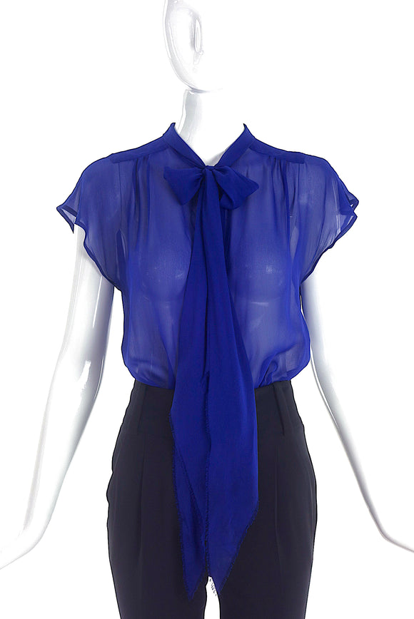 Marc Jacobs Cobalt Sheer Button-Up Blouse with Bow Neck Tie
