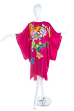 Vintage Hot Pink Japanese Silk Floral Print Caftan Kaftan Dress