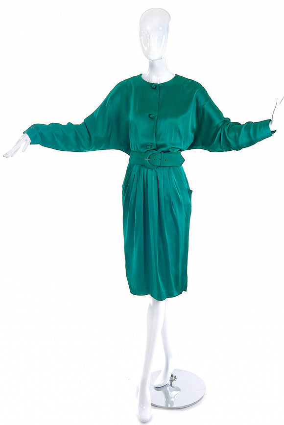 Vintage Emerald Green Satin Silk Day Dress with Knotted Silk Buttons