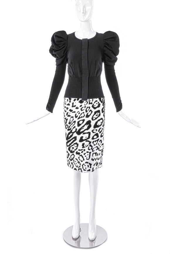 Dolce & Gabbana Puff Sleeve Cardigan and Snow Leopard Animal Print Pencil Skirt