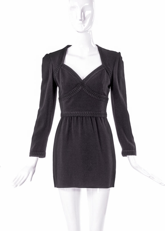 Louis Féraud Black Long Sleeve Mini Dress with Braid Trim - BOUTIQUE PURCHASE PRICE