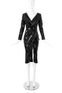 Vintage Black Sequin Long Sleeved Draped Dress - BOUTIQUE PURCHASE PRICE