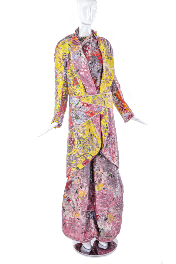 As Four Multi Color Pink Yellow Floral Lace Dress Coat with Kimono Belt