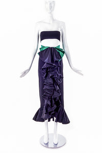 Valentino Night Black Satin Ruffle Skirt with Emerald Satin Bow