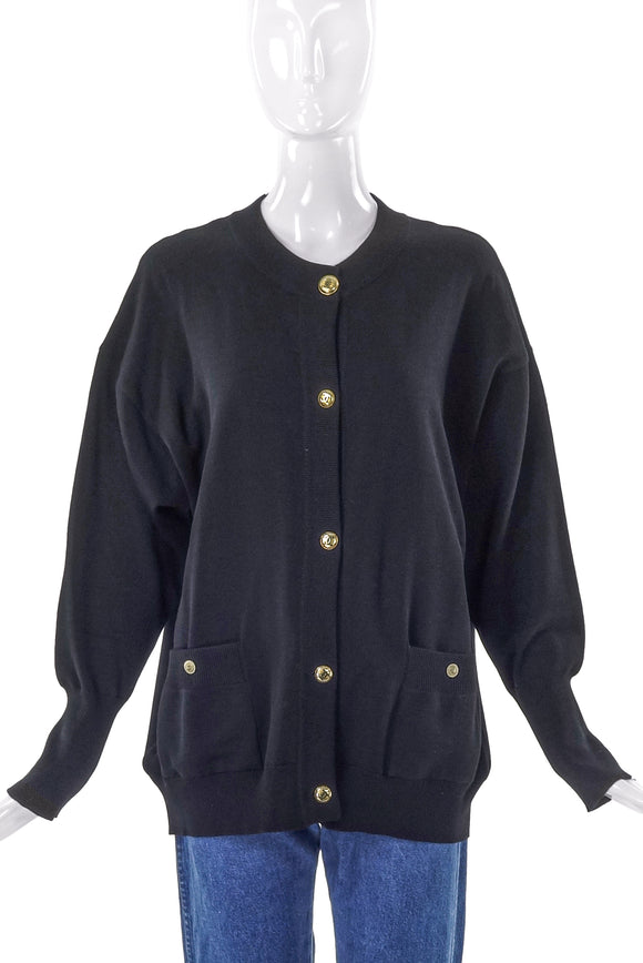 Chanel Black Wool Classic Cardigan with Gold Interlocked CC Buttons