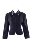 Byblos Black Wool Zip-Up Jacket with Costume Jewel Details on Collar