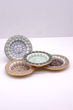 Four Vintage Japanese Porcelain Mosaic Tile Dishes with Gold Metal Back.
