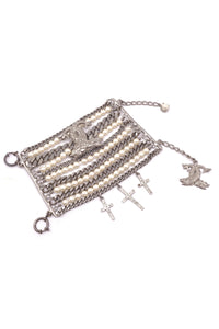 Fausto Puglisi Pearl and Metal Chain Huge Cuff Bracelet with Crosses