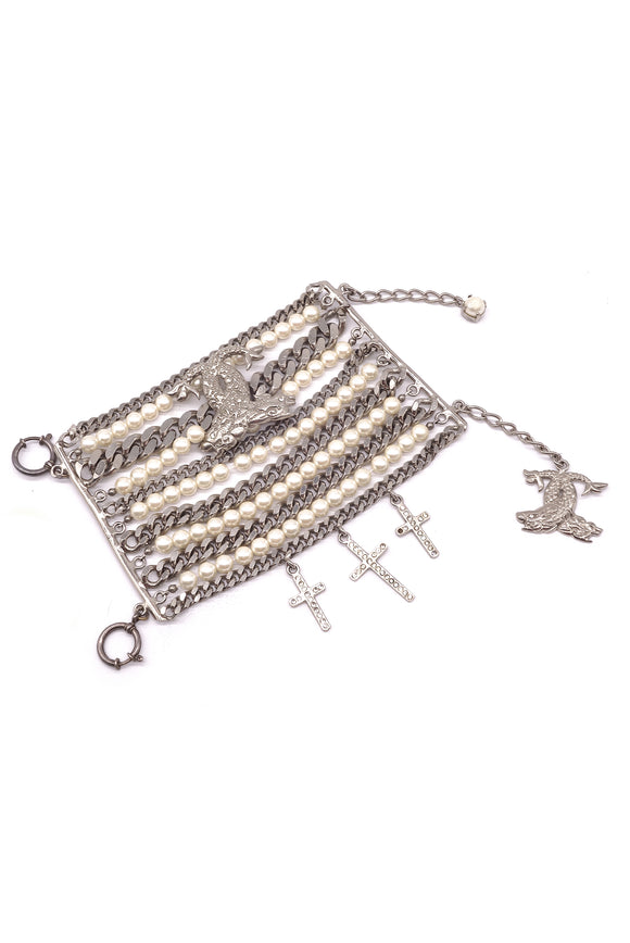 Fausto Puglisi Pearl and Metal Chain Huge Cuff Bracelet with Crosses