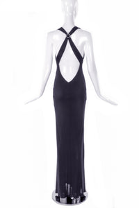 Versus by Gianni Versace Black Bias Cut Gown Dress with Diamond Buckle Low Cut Criss Cross Back 90's