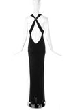 Versus by Gianni Versace Black Bias Cut Gown Dress with Diamond Buckle Low Cut Criss Cross Back 90's