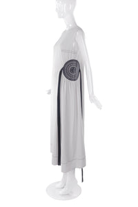 Loewe White Creme Linen Dress with Circular Leather Stencil Detail and Hanging Ribbon - BOUTIQUE PURCHASE PRICE