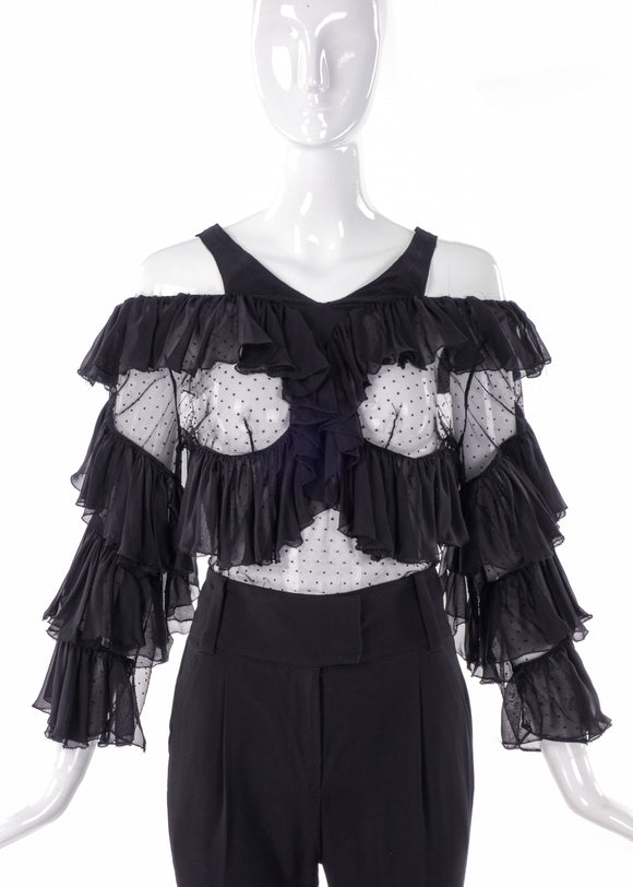 Francesco Scognamiglio Black Chiffon Ruffle Top with Swiss Dot Tulle - BOUTIQUE PURCHASE PRICE