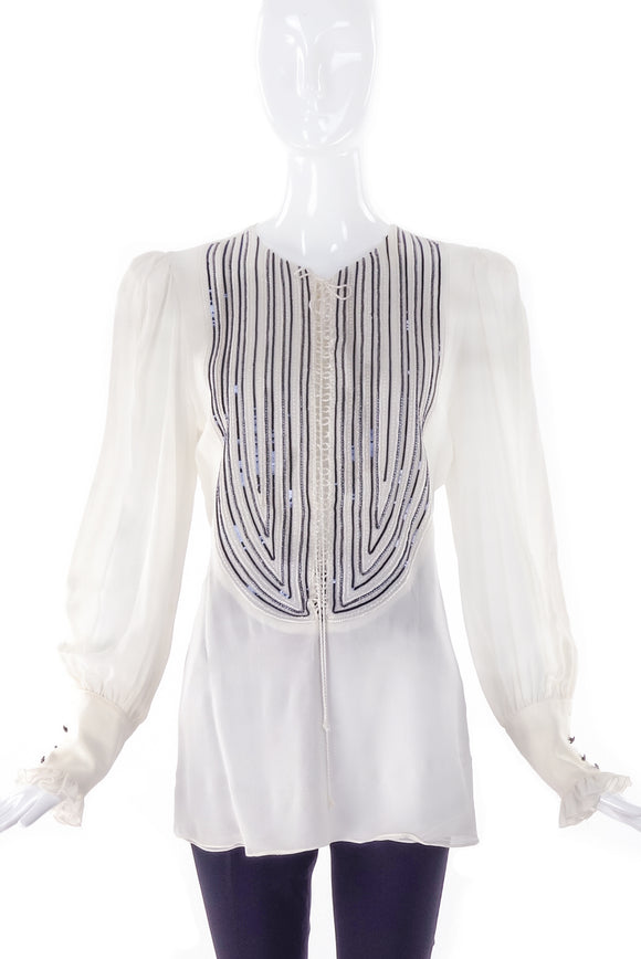 Redemption White Silk Tie Up Blouse with Blue Sequins & Beading and Puff Sleeves