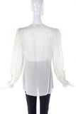 Redemption White Silk Tie Up Blouse with Blue Sequins & Beading and Puff Sleeves