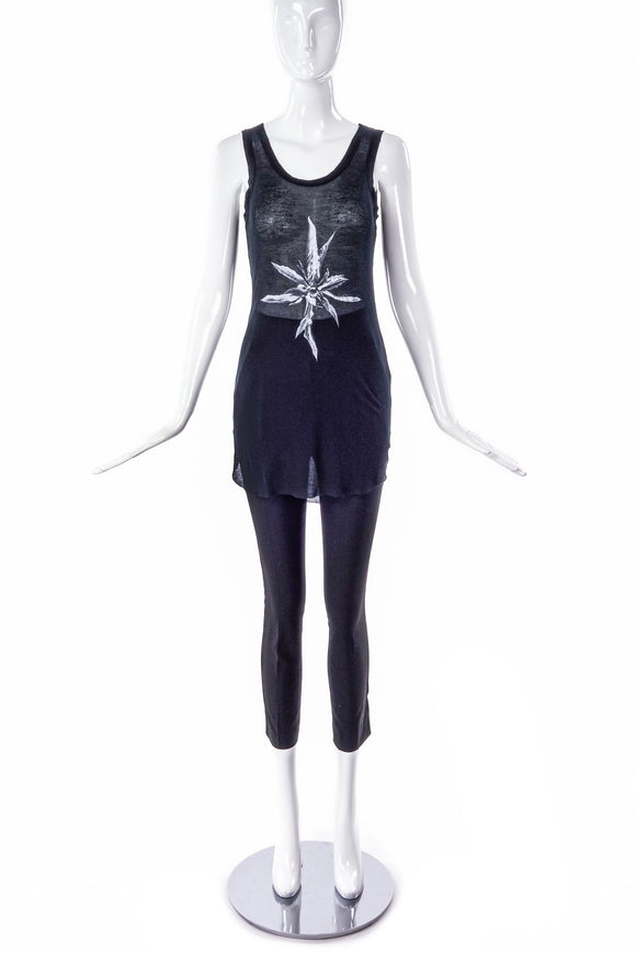 Ann Demeulemeester Black fine rib Cotton Tank Top with Flower Print - BOUTIQUE PURCHASE PRICE