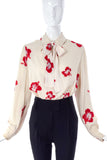 Saint Laurent Cream Bow Blouse with a Sparkling Hibiscus "Hawaiian" Print