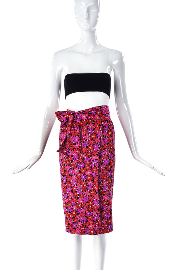 Saint Laurent Rive Gauche Pink and Red Floral Wrap Skirt - BOUTIQUE PURCHASE PRICE