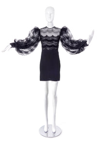 Galanos Black Evening Mini Dress with Lace Sleeves and Bead Details