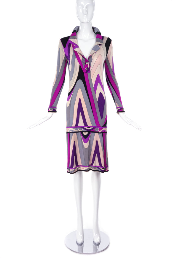 Emilio Pucci Purple Geometric Grey Blush and Purple Printed Polo Collar Dress