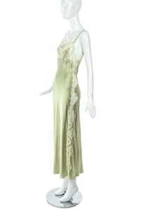 Vintage Green Silk Slip Dress with Creme Lace Inlays