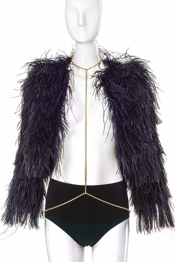 Vintage Black Feather Jacket shown with Roberto Cavalli Body Chain Harness