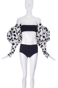 Vintage Black White Snow Leopard Print "Teddy" Puff Fur Sleeves