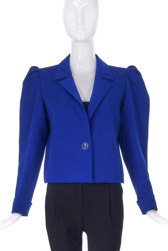 Saint Laurent Blue Garbadine Puff Sleeve Jacket - BOUTIQUE PURCHASE PRICE