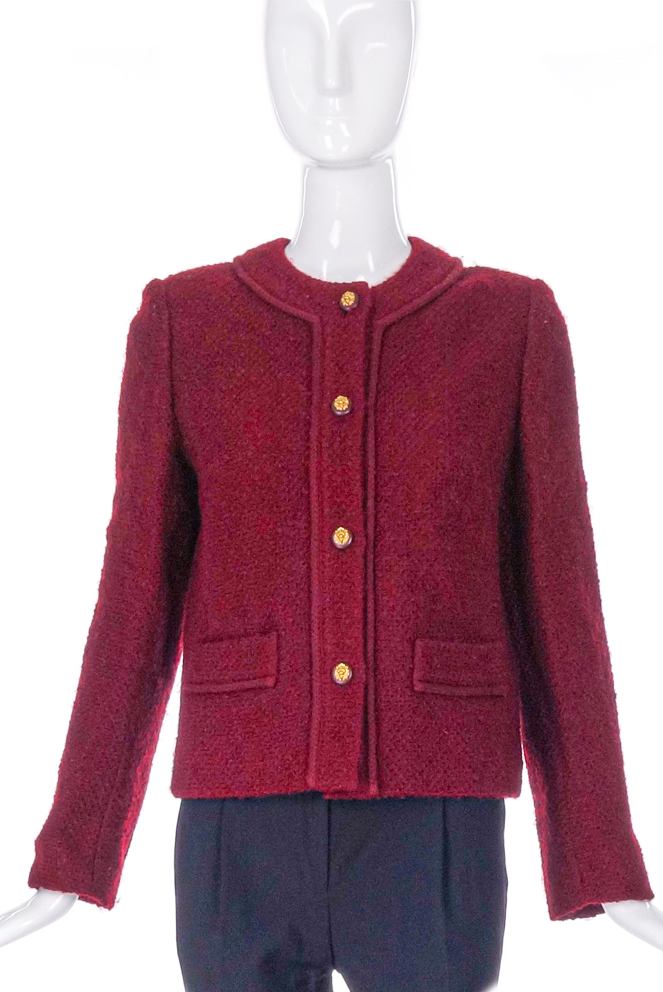 Chanel Burgundy Classic Tweed Jacket with Gold Lion Buttons