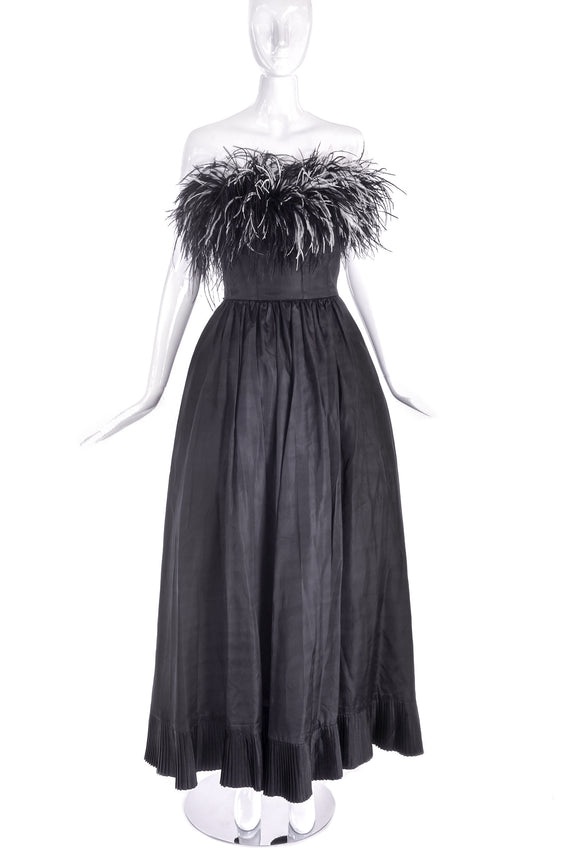 Albert Capraro Black Feather Strapless Gown Dress