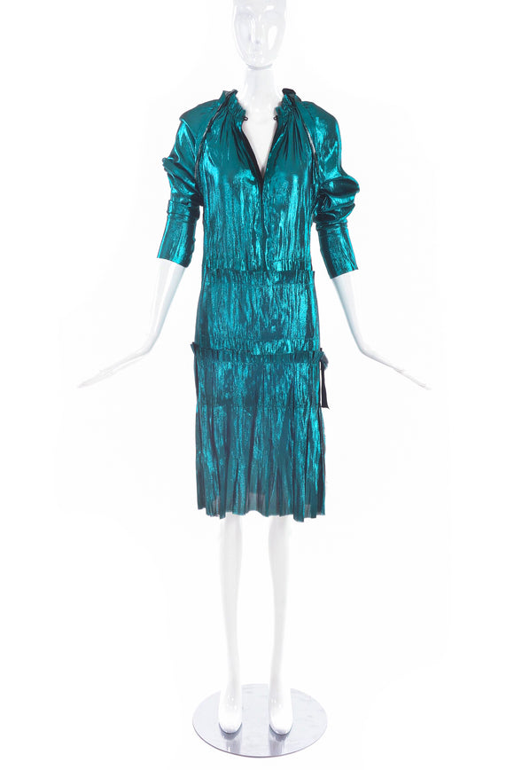Lanvin Green Blue Turquoise Metallic Drop Waist Dress Spring 2014 Runway